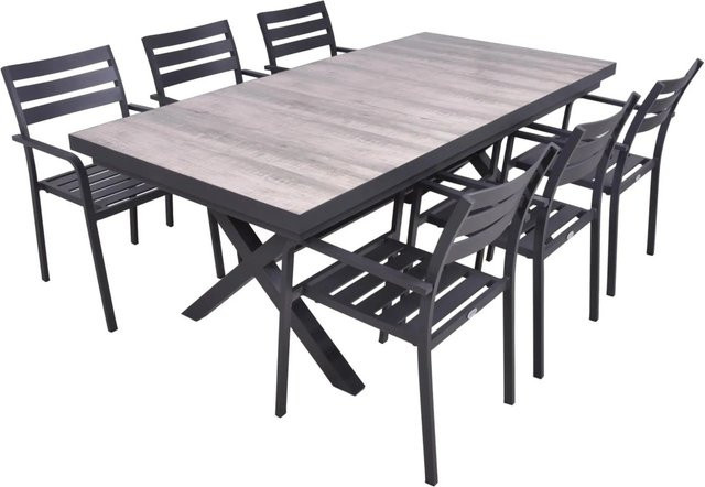 DELUKE Garten-Sitzgruppe JANA 7-teilig aus Aluminium und Keramik in Eiche-Optik Grau - Bild 1