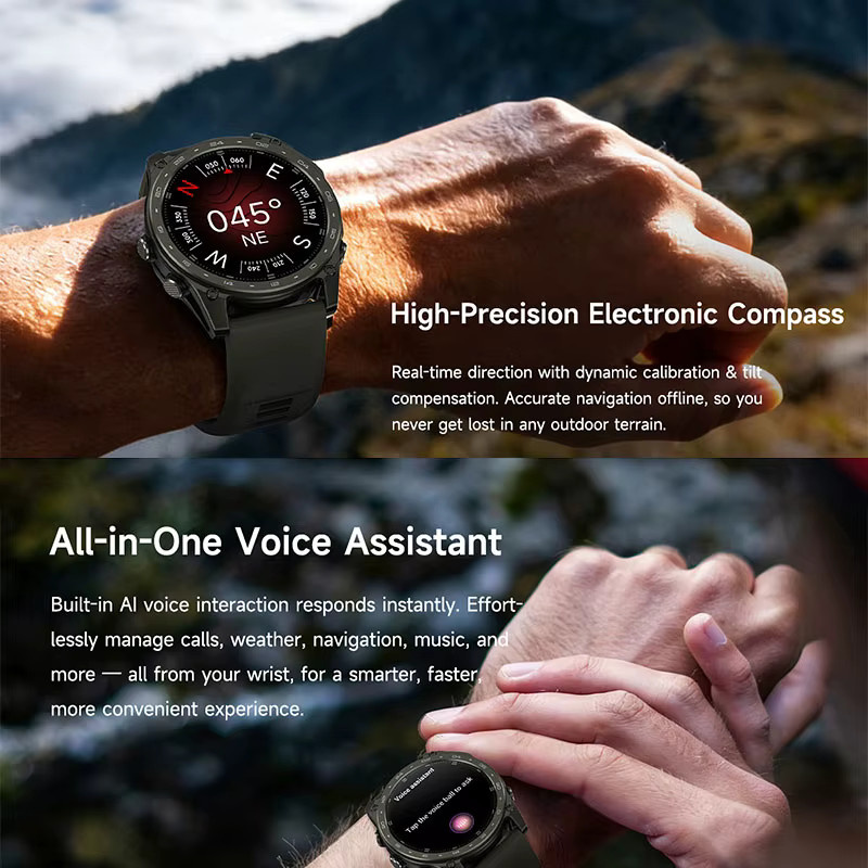 Yaocx Outdoor Smartwatch mit Bluetooth-Anruffunktion, LED-Taschenlampe, Kompass, Barometer, 530mAh Akku, Schlafüberwachung und 5ATM Wasserdichtigkeit in Schwarz oder Grün - Bild 2