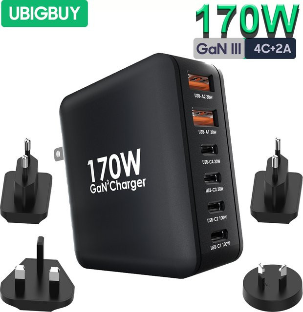Ubigbuy 170W GaN Schnellladegerät mit 6 USB-C Ports und 100W PD für MacBook Pro/Air, Thinkpad, iPad Pro, Samsung S23 und iPhone 15/14, Schwarz - Bild 1