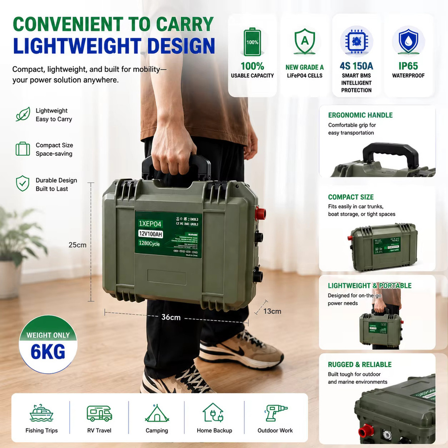 KEZIMO LiFePO4 Batterie 12V 50Ah mit Bluetooth BMS, 640Wh, IP65 wasserdicht, Farbe: grün - Bild 5