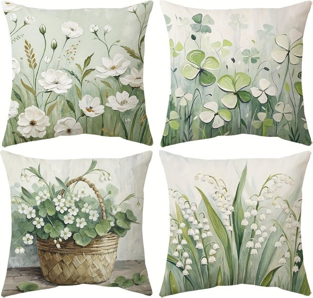 4er Set JMG Clothing Kissenbezüge mit floralem Frühlings-Design in Grün, quadratisch, B/B: 60 x 60 cm - Bild 1