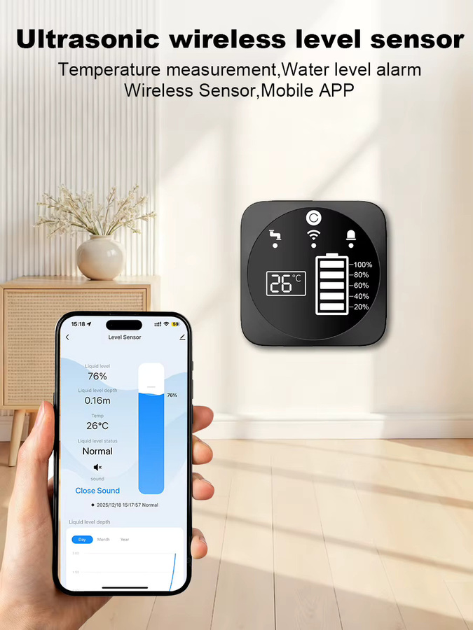 ONENUO Ultraschall Flüssigkeitsstand-Sensor mit Tuya App WiFi und RF433MHz Fernbedienung in Schwarz - Bild 6