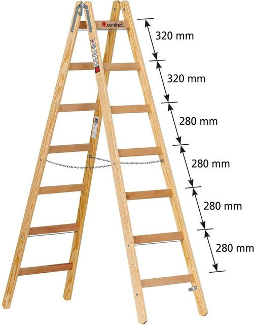 Euroline Holz Sprossenstehleiter Nr. 12506 mit Eimerhaken, 2x8 Sprossen, Braun - Bild 1