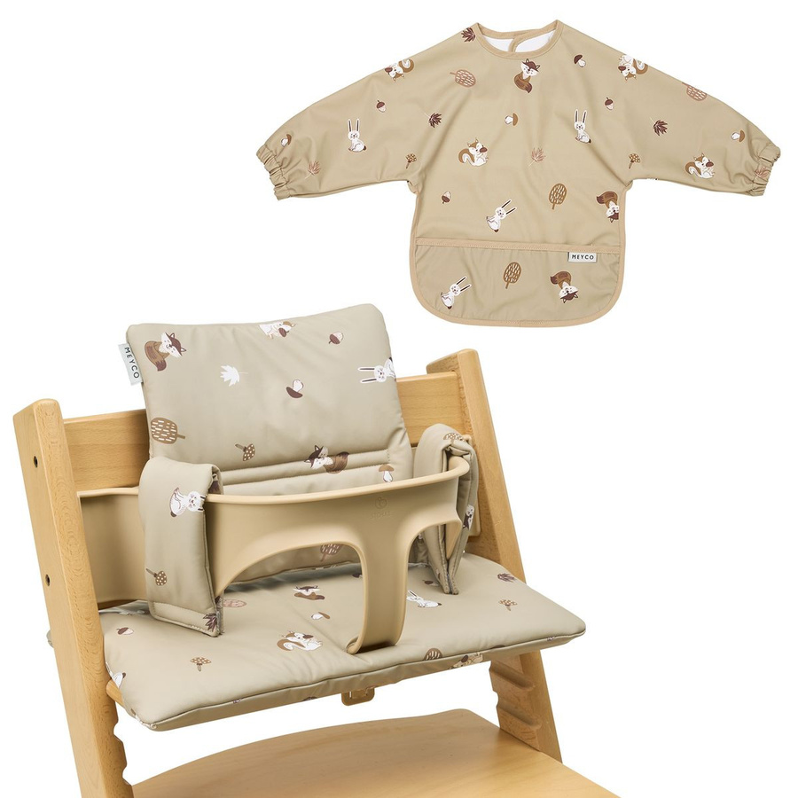 Meyco 2-tlg. Hochstuhl Zubehör-Set mit Sitzkissen und Ärmellätzchen Forest Animals in Braun und Beige - Bild 1