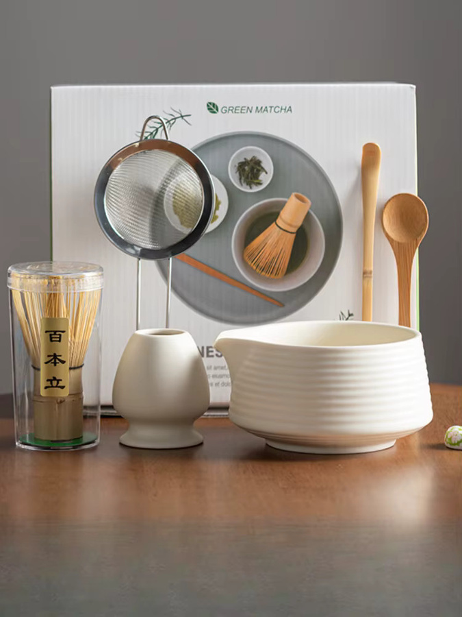 bespritgift Matcha-Set Premium 8-teiliges Keramik-Teezubehör in Pink und Weiß für die Matcha-Zeremonie - Bild 4