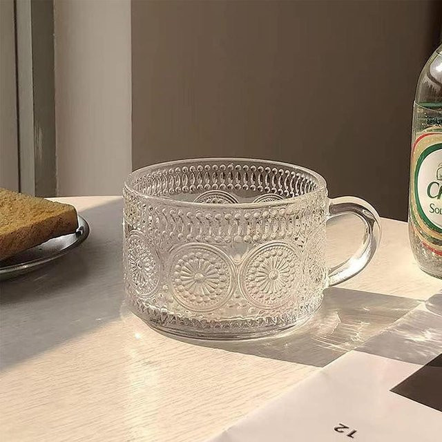 Premium Vintage Glasbecher mit Sonnenblumen-Muster in Grau, 450 ml Tumbler aus klarem Glas - Bild 1