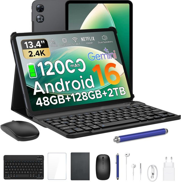 POCKAM P13 Tablet mit 13,4 Zoll 2,4K 120Hz Display, Android 16, 48 GB RAM, 128 GB Speicher, 12000 mAh Akku, Widevine L1, Dual-Lautsprecher, inklusive Tastatur und Stifteetui, schwarz - Bild 1