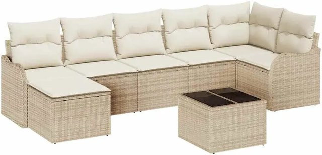 vidaXL Garten-Sofa-Set aus Poly Rattan in Beige und Weiß, 8-teiliges L-Shape Lounge-Set mit Kissen und Tisch - Bild 1