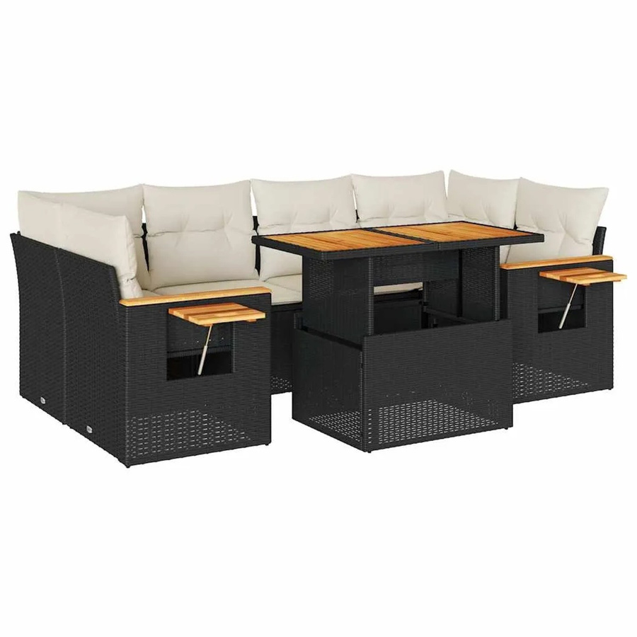 vidaXL 7-teilige Garten-Sofagarnitur aus Poly-Rattan und Akazienholz in Schwarz-Creme mit Kissen - Bild 2