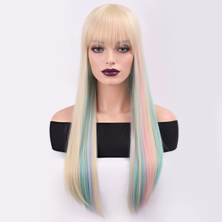 Zhushengda Perücke für Damen, lang, glatt, weiß-goldene Farbe mit Highlights, mit Pony - Bild 2