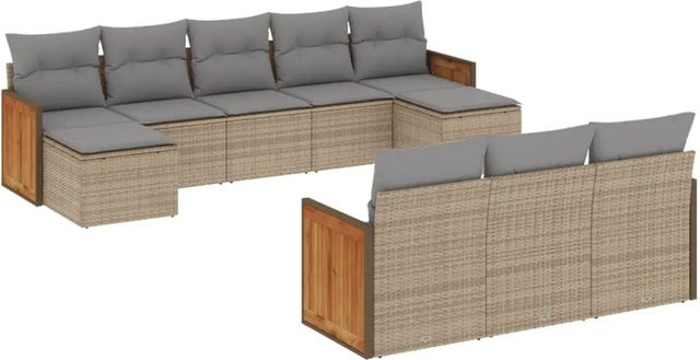 vidaXL 10-teilige Garten-Sofagarnitur in U-Form aus Poly-Rattan und Akazienholz mit Kissen in Beige - Bild 1