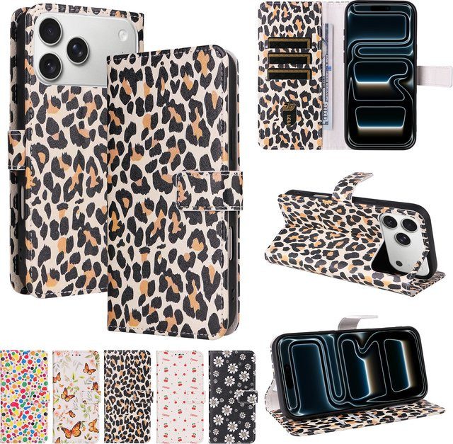 Leopardenmuster Flip-Wallet Handyhülle aus Kunstleder mit Kartenfach für iPhone 17 Pro Max, 16 Pro, 15, 14 Plus, 13 in Beige und Multicolour - Bild 1