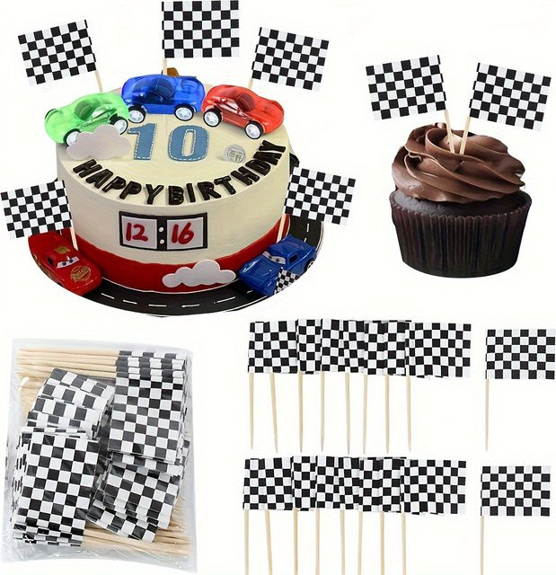 Schwarze Racing Happy Birthday Kuchen Dekoration mit Rennplakette und Flagge für dein Rennthema Geburtstagskuchen-Set - Bild 1