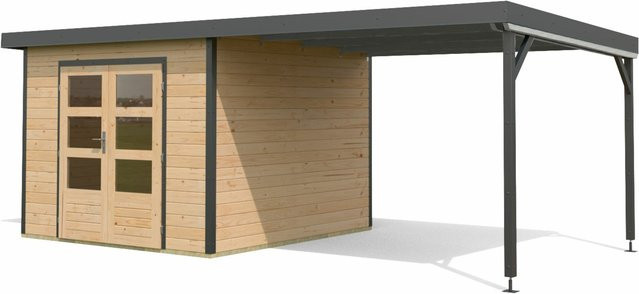 KARIBU Gartenhaus Premium Hybrido mit Anbaudach in Natur und Anthrazit - Bild 1