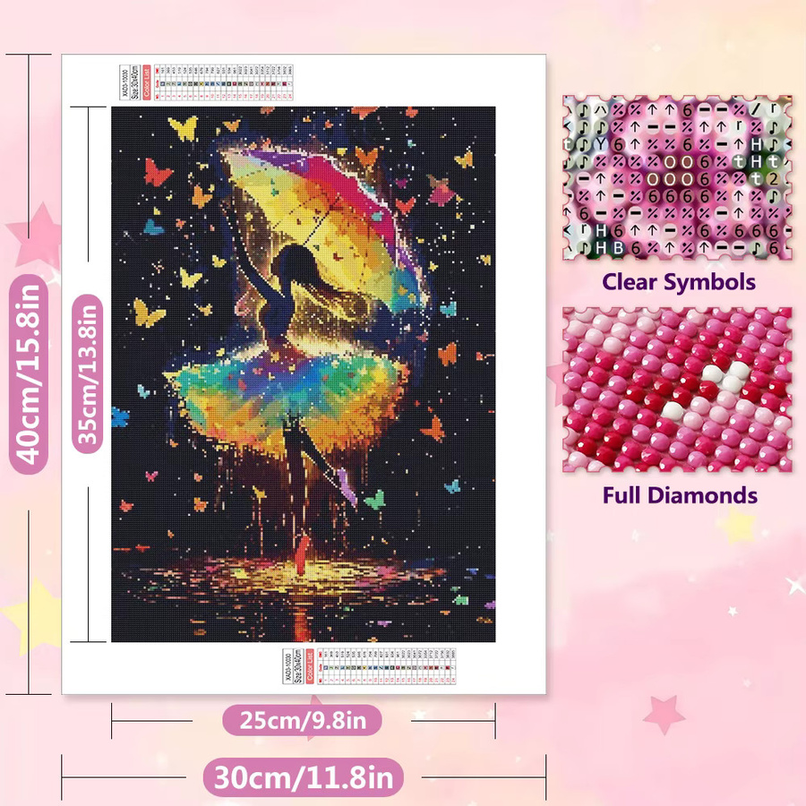 EverShine Diamond Painting Set Ballerina-Mädchen mit Regenschirm und Schmetterling, bunte Mosaik-Stickerei, B/H: 20 x 30 cm, Multicolor - Bild 2