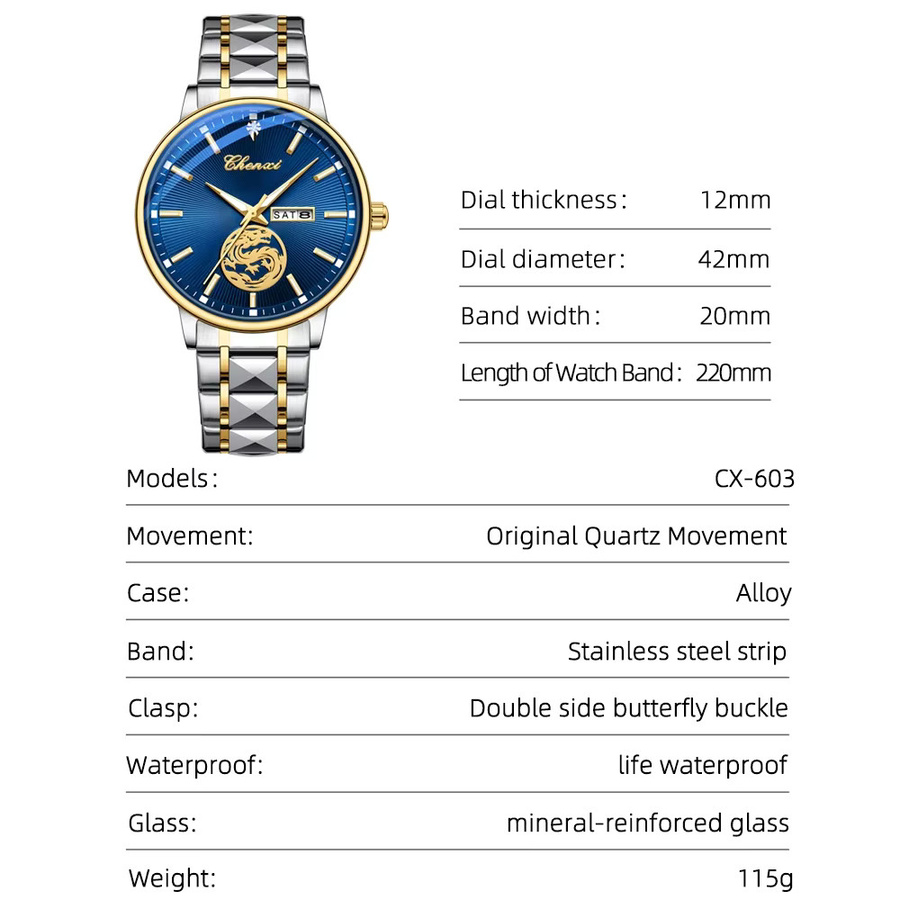 CHENXI Armbanduhr Herren, Quarz, Edelstahl, Schwarz - Bild 2