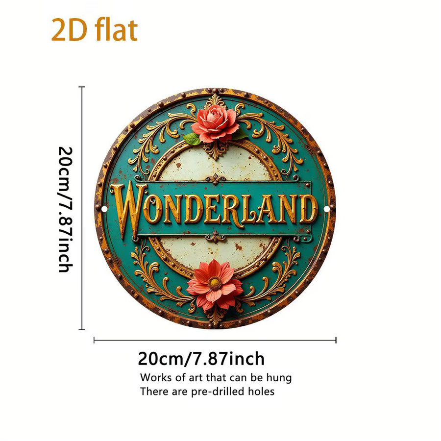 Potdemiel Welcome to Wonderland Vintage-Metallwandkunst, rundes Aluminiumschild mit goldenem Schriftzug und Blumenmotiv in Blaugrün, Durchmesser: 20 cm - Bild 2