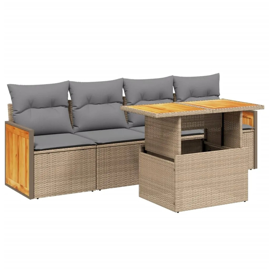 vidaXL 5-tlg Garten-Sofagarnitur aus Poly Rattan in L-Form mit Kissen und Ottoman, Beige - Bild 2
