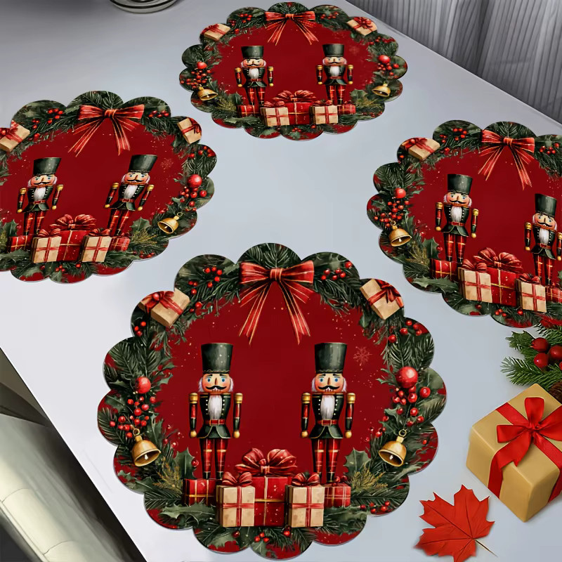 VIKAMA 4er Set Weihnachts-Nussknacker Tischsets mit goldener Schleife in Rot und Gold, runde Platzsets für die Weihnachtsdekoration - Bild 4