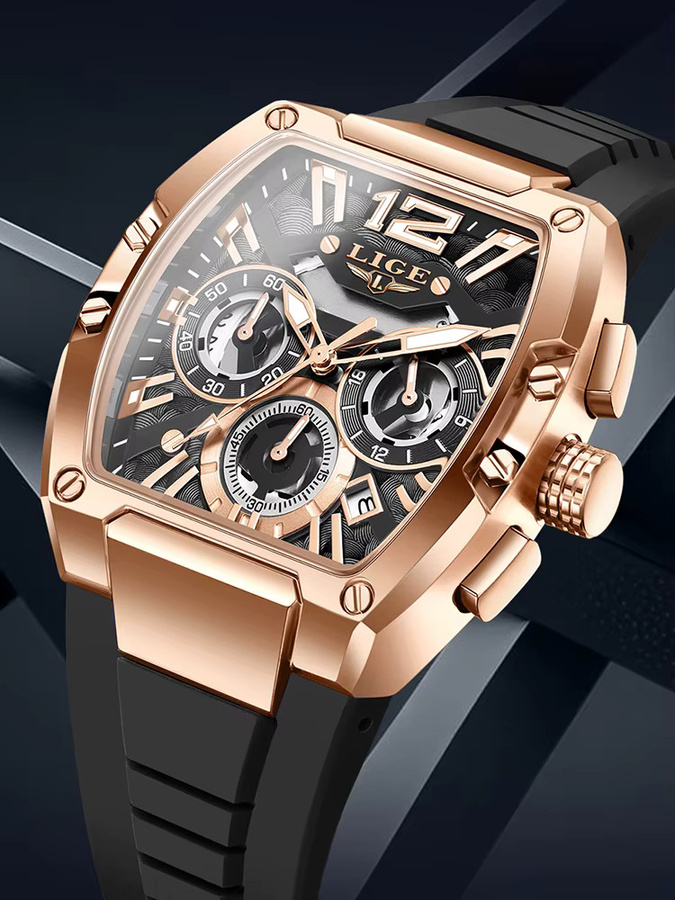 LIGE Chronograph Armbanduhr, Quarz, Blau, Roségold, Silber, Silikon, Herren - Bild 6