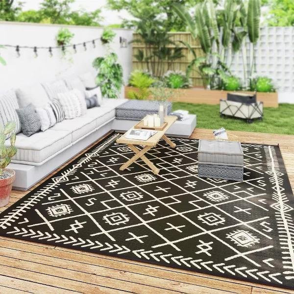 Wucifang Jewelry Außen-Terrassen-Teppich mit geometrischem Design in Beige und Schwarz, B/T: 80 x 120 cm - Bild 1