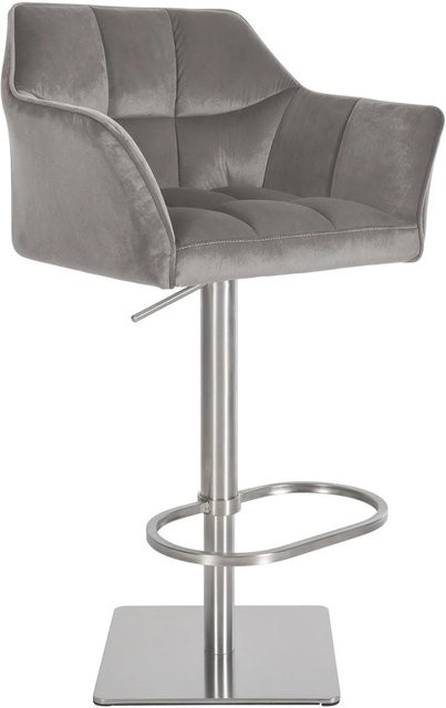 DELUKE Barhocker SIHAR, höhenverstellbarer Barstuhl aus Samt in Grau mit silbernem Fuß, drehbar mit Lehne, B/T/H: 64 x 45 x 88 cm - Bild 1