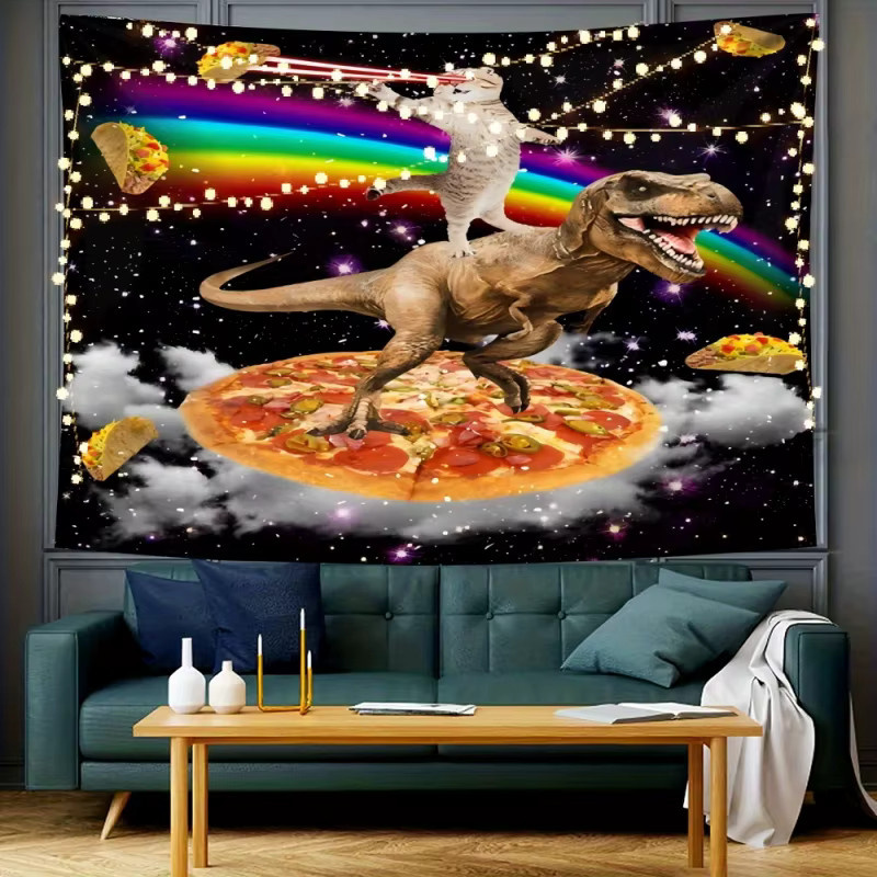 VIKAMA Fantasy Cartoon Wandteppich mit Tyrannosaurus Rex, Pizza und Regenbogen, Mehrfarbig, Breite: 60 cm, Höhe: 40 cm - Bild 2