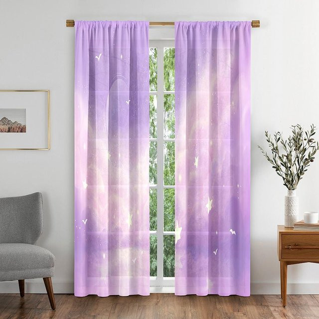 Yiran Furniture Fenster Vorhänge mit Mond und Wolken Design, Mehrfarbig/Lila, B: 50 cm, H: 130 cm, 2er Set inklusive Haken - Bild 1