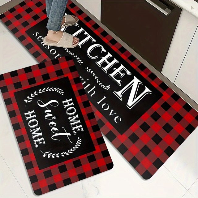 VIKAMA Anti-Ermüdungs-Küchenläufer Buffalo Plaid in Schwarz-Rot, wasserdichte und rutschfeste Standmatte für deine Küchendekoration - Bild 1