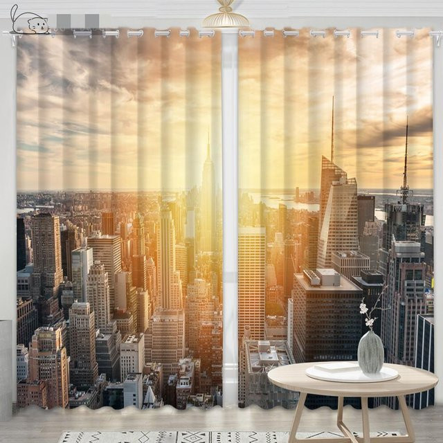 Moderne Vorhänge mit New York Skyline Nachtansicht in Schwarz und Weiß von A Family Of Home Textiles, halbtransparent, B: 50 cm, H: 50 cm, 2er-Set mit Ösen - Bild 1