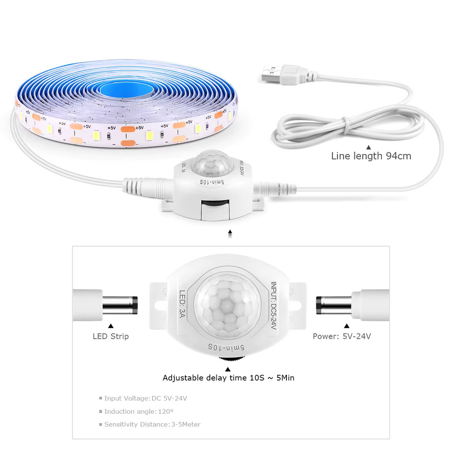 Gyarfas USB LED-Streifen mit drahtlosem PIR-Bewegungssensor, weißes flexibles LED-Band für Treppen, Schrank und TV-Hintergrundbeleuchtung, 5 V - Bild 2