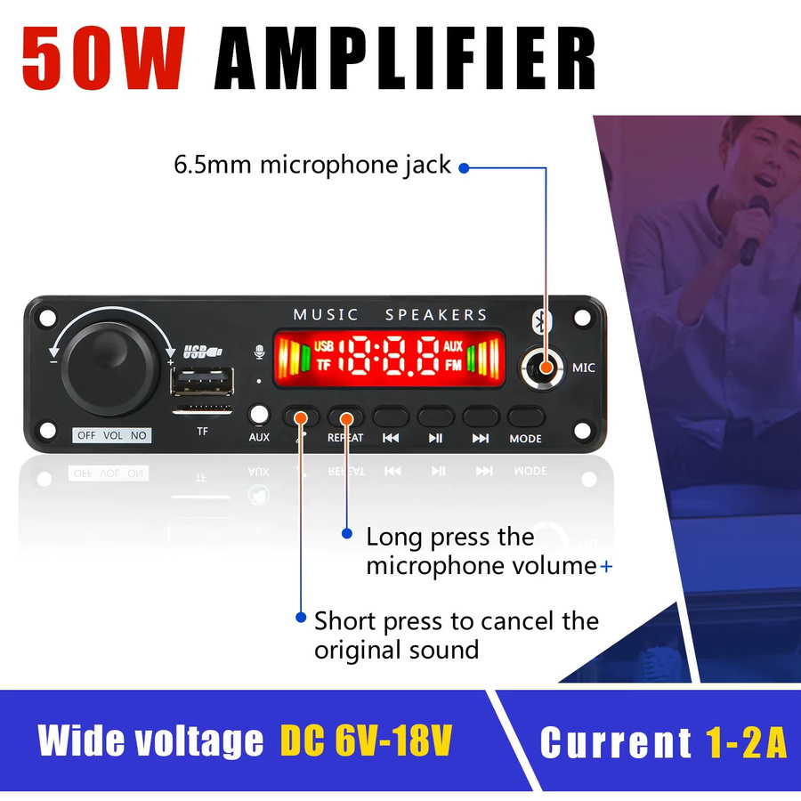 Kebidu Bluetooth MP3 Decoder Board mit 50W Verstärker, USB, TF und FM Radio, Freisprecheinrichtung für Auto Audio, Schwarz - Bild 6