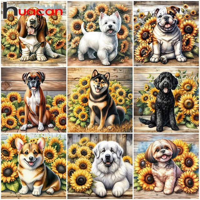 Huacan Diamantmosaik Wandbild mit Hund und Sonnenblumen, runde Dekoration für dein Wohnzimmer, Mehrfarbig, Durchmesser: 30 cm - Bild 1