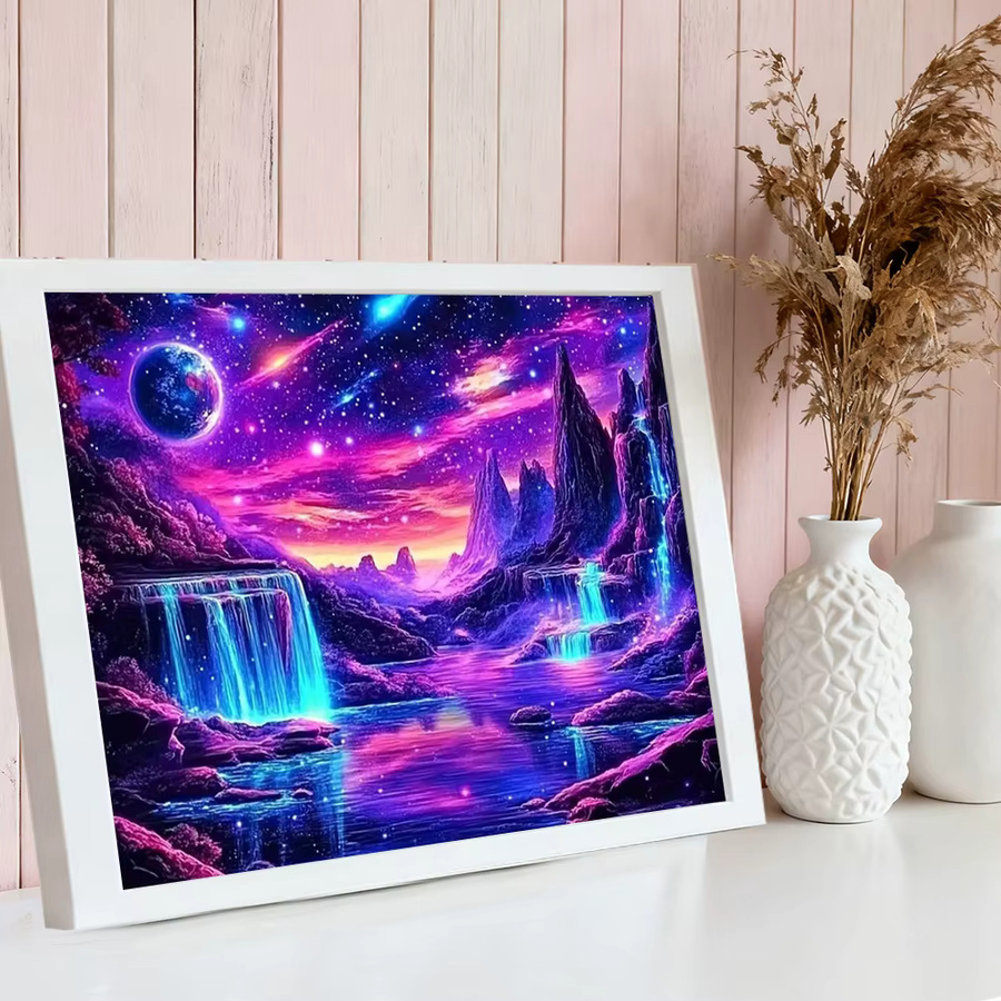 HUACAN Diamant-Malerei-Set Wasserfall-Landschaft mit bunten Perlen zur Heimdekoration, runde Form, B/H: 30 x 20 cm - Bild 3