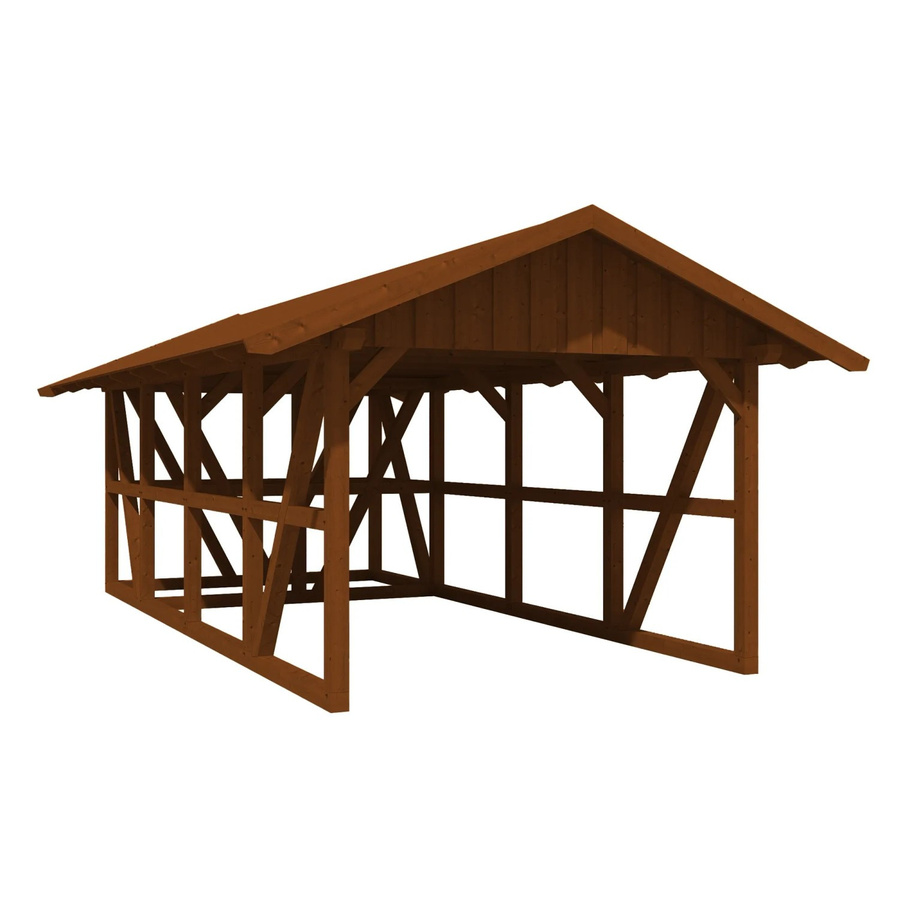 Skan Holz Carport Schwarzwald aus Fichtenholz mit Dachschalung, Abstellraum und Dachschindeln in Nussbaum Braun, B: 772 cm, T: 424 cm - Bild 2