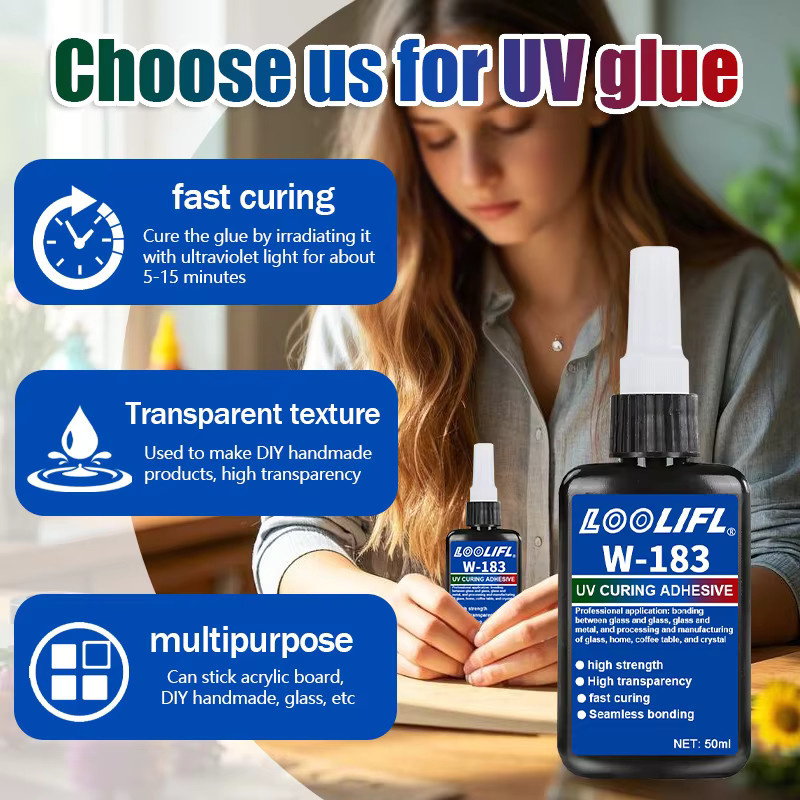 LOOLIFL W-183 UV-Kleber transparent, 50ml UV-härtender Klebstoff für Kristallglas, Metall und ABS - Bild 4