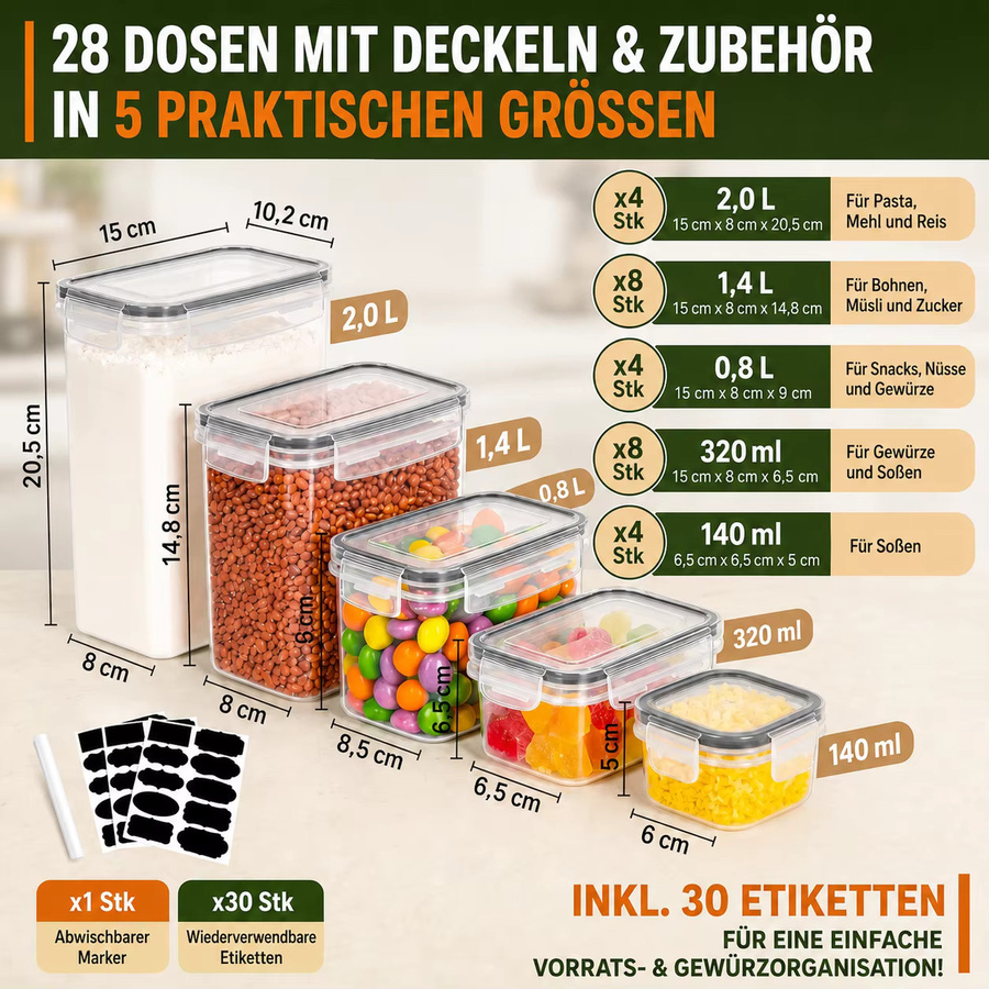 28er Set PNNP Luftdichte Vorratsdosen aus transparentem Kunststoff, stapelbare Frischhaltedosen für Küche und Speisekammer, BPA-frei, inklusive Etiketten und Stift - Bild 2