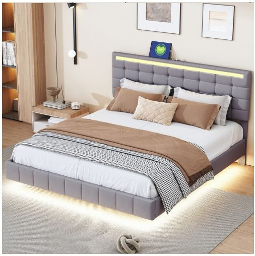 Modernes gepolstertes Bett MUVOE aus Leinenstoff mit LED-Beleuchtung, Breite: 160 cm, Tiefe: 200 cm - Bild 1