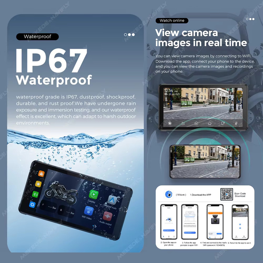 NaviFly 5,5 Zoll Motorrad-Bildschirm mit kabellosem CarPlay, GPS-Navigation, Android-Unterstützung und TPMS, wasserdicht, Schwarz - Bild 5