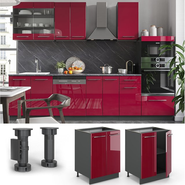 Vicco Küchenunterschrank Fame-Line Bordeaux Hochglanz Anthrazit mit Softclose Scharnieren Breite: 60 cm, Höhe: 82 cm, Tiefe: 51,6 cm - Bild 1