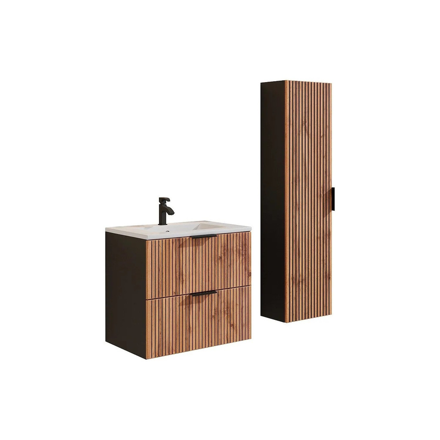 Vente-unique Badmöbel-Set Madela mit Waschbeckenunterschrank, Einbauwaschbecken und Badhochschrank in Schwarz und Naturfarben Hell mit Streifenoptik, Breite: 60 cm - Bild 2