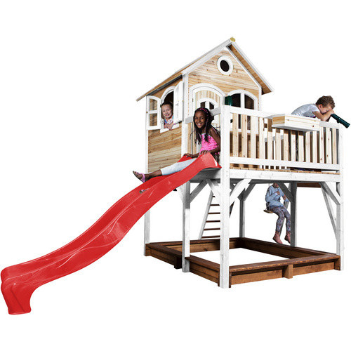 Axi Liam Spielhaus mit Doppelschaukel und Rutsche aus Holz in Braun, Weiß und Rot, B/H/T: 613 x 291 x 277 cm - Bild 2