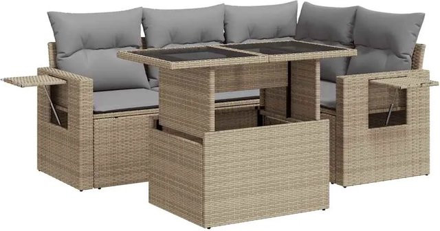 vidaXL 5-teilige Garten-Sofagarnitur in L-Form aus Poly-Rattan in Beige-Grau mit UV-beständigen Kissen und pulverbeschichtetem Stahlgestell - Bild 1