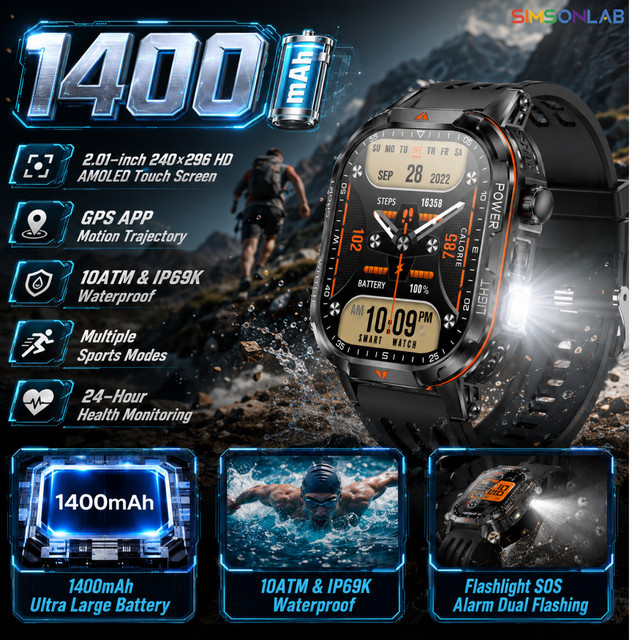 SIMSONLAB Smartwatch mit 2,01 Zoll AMOLED Display, GPS, Bluetooth Anruffunktion und 10 ATM Wasserdichtigkeit, Schwarz - Bild 1