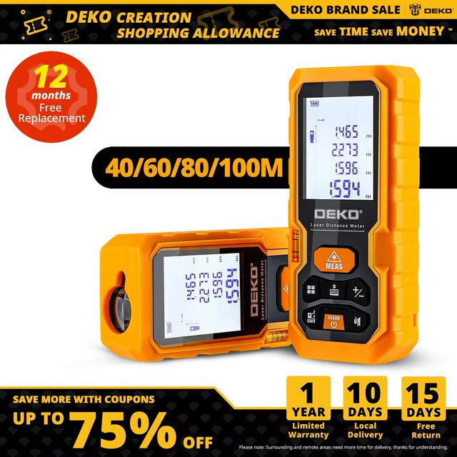 DEKO Handheld Laser-Entfernungsmesser DKLD05 in Gelb mit 40m Reichweite - Bild 1