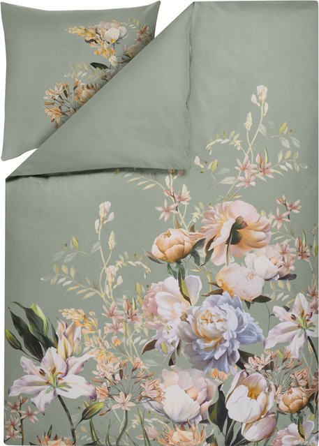 LIVARNO Mako-Satin Wendebettwäsche aus Baumwolle mit floralem Design in Grün, B/H: 155 x 220 cm und 80 x 80 cm - Bild 1