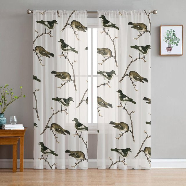 Transparenter Chiffon-Vorhang mit Weihnachts-Vogel- und Zweig-Motiv von A Family Of Home Textiles in Weiß, Breite: 135 cm, Höhe: 213 cm - Bild 1