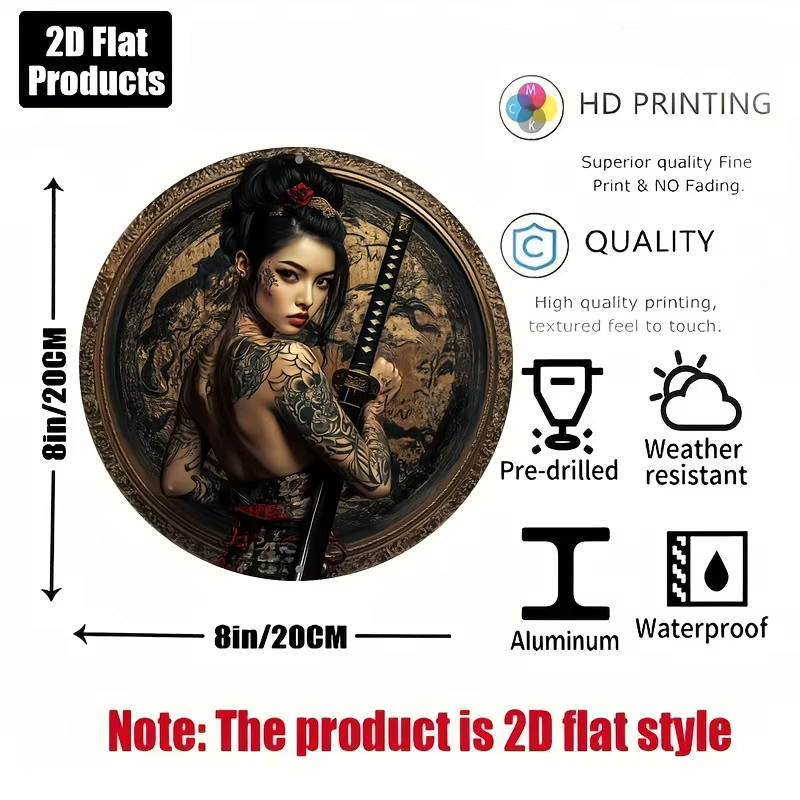 CIFBUY Retro Anime Metall-Blechschild Japanisches Samurai-Mädchen Runde Aluminium-Dekorationsplakette, Durchmesser: 20,32 cm - Bild 3