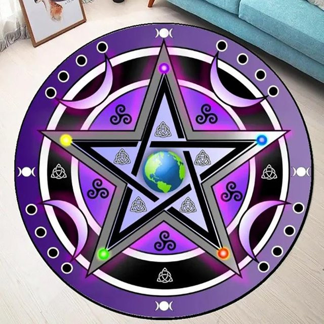 Runder Teppich Lodestar mit Pentagramm-Muster und weißem Kaninchen, Schwarz-Weiß-Lila, Durchmesser: 80 cm - Bild 1