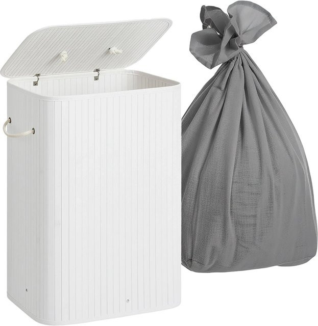 Relaxdays Wäschekorb aus Bambus mit 2 Fächern und Deckel, Weiß, B: 63 cm, T: 52 cm, H: 32 cm - Bild 1